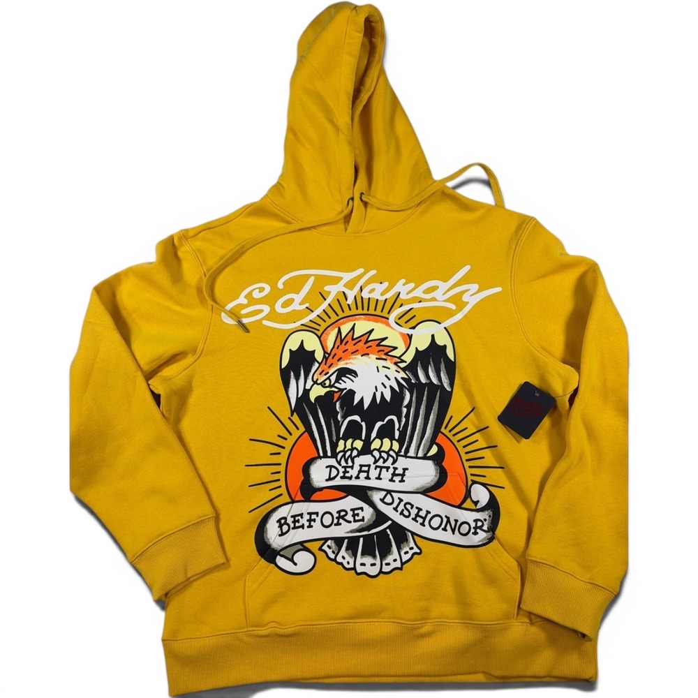 Ed Hardy Mens Mustard Yellow Eagle Death Before Dishonor Hoodie EEHM1300-3 L